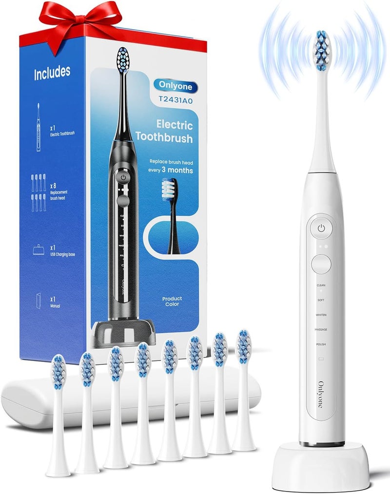 Onlyone Sonic Electric Toothbrush for Adults, Rechargeable Ultrasonic Electric Toothbrush with 8 Brush Heads, Travel Case, Charging Base & Wireless Charging - 5 Modes with Smart Timer - Image 1